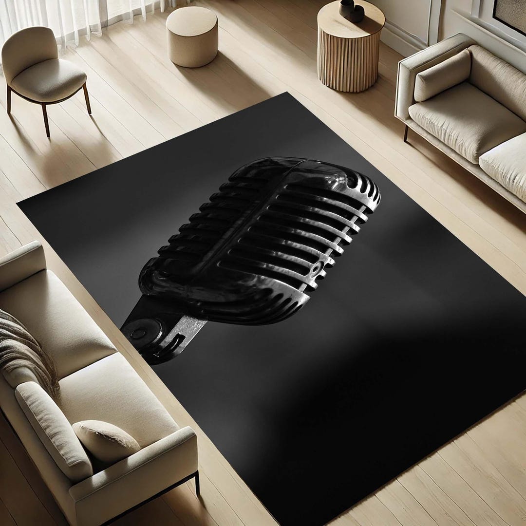 Audio Studio Rugs Vintage Microphone Rug, Retro Music Decor, Black White Carpet, Studio ...