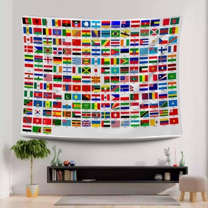 World Country Flags, Flag Tapestry, Map Wall Hanging, Tapestry Flags, International Wall Tapestry, Wanderlust Art, Education Geography Art