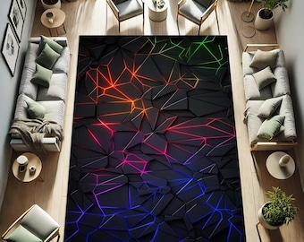 May include: A large, rectangular area rug with a geometric design. The rug features a dark gray, textured surface with a pattern of interconnected, angular shapes. Bright neon lines in orange, red, pink, green, and blue illuminate the rug's surface.