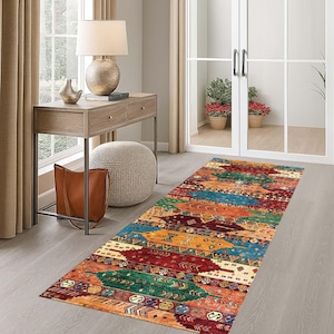 Può includere: Un tappeto rettangolare con un motivo geometrico colorato. Presenta tonalità di rosso, arancione, verde e blu. Posizionato su un pavimento in legno, aggiunge un tocco vibrante alla stanza con i suoi colori vivaci e il suo design.