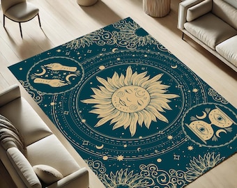 Celestial Rug, Sun Moon Rug, Boho Mystic Decor, Astrology Area Rug, Spiritual Floor Mat, Witchy Home Decor, Cosmic Design Rug, Zodiac Themed