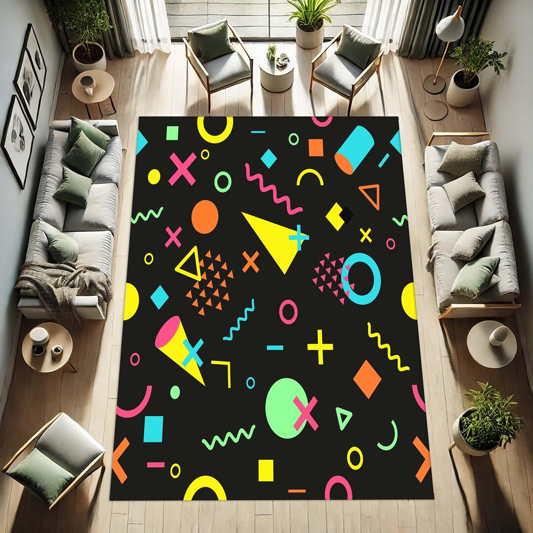 Retro Rug, 80s 90s Style Rug, Geometric Pattern Floor Mat, Colorful ...