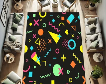 Retro Rug, 80s 90s Style Rug, Geometric Pattern Floor Mat, Colorful Abstract Room Decor, Pop Art Rug, Funky Youth Decor, Memphis Design Rug