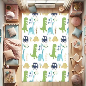 Dinosaur Rug, Dino Play Mat, Nursery Decor, Cute Dino Theme, Boys Bedroom Rug, Baby Room Decor, Prehistoric Jungle Carpet, Playroom Rug