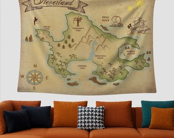 Kartkonst över Neverland, tryck med magiska land, sagotapet, affisch med förlorade pojkar, väggkarta med sagoboksmotiv, drömsk barndekor, förtrollad kartkonst