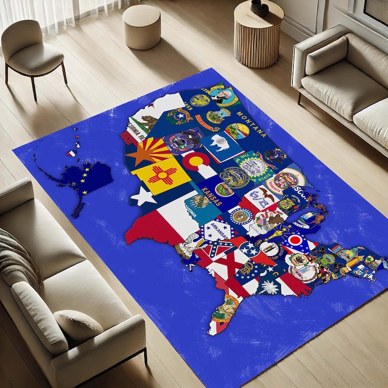USA State Flags Rug, American States Carpet, Educational Map Mat ...