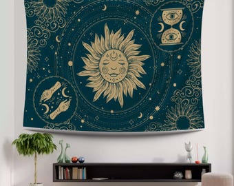 Mystic Sun Decor, Astrology Wall Decor, Spiritual Tapestry, Witchy Room Decor, Cosmic Home Art, Moon And Sun Print, Star Wall Hanging