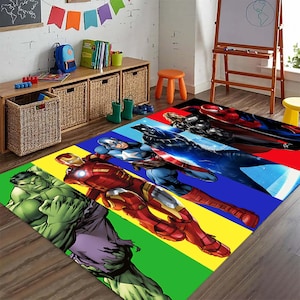 Superhero Rug, Kids Room Decor, Non-Slip Mat, Hulk, Iron Man, Spider-Man, Captain America, Thor, Black Panther, Vibrant Colors, Easy Clean