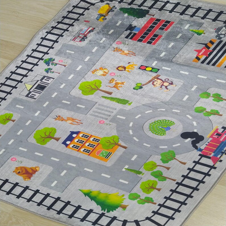 Interactive Kids' City Map Rug With Roads, Train Tracks, Buildings ...
