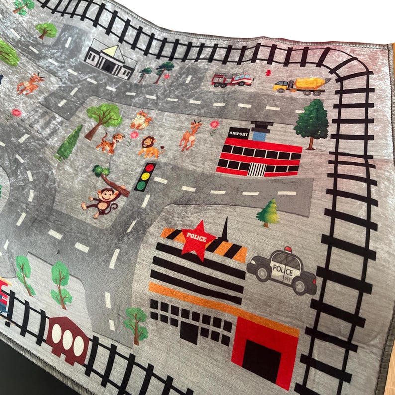 Interactive Kids' City Map Rug With Roads, Train Tracks, Buildings ...