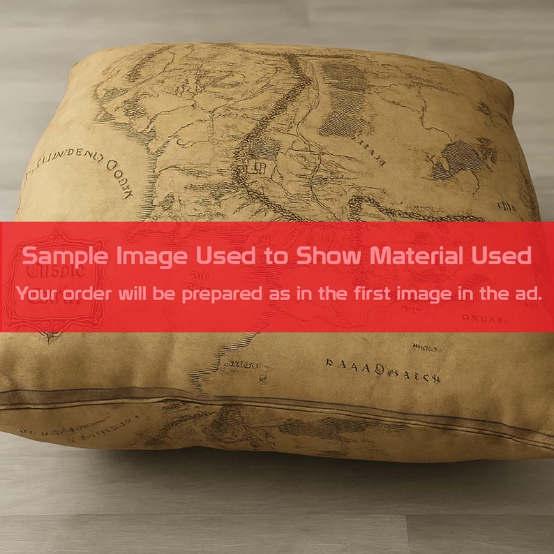 May include: A square pillow with a map design in shades of tan and brown. The pillow has a vintage aesthetic, with text that reads "Sample Image Used to Show Material Used" and "Your order will be prepared as in the first image in the ad."