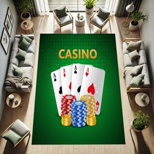Tapete de cassino, tapete de pôquer, decoração de sala de jogos de azar, tapete de jogo de cartas, tapete de piso de cassino de luxo, design de fichas de pôquer, decoração de caverna do homem, tapete com tema de blackjack