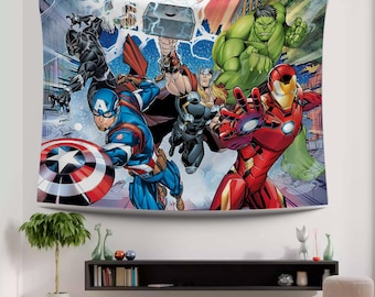Superhero Tapestry, Iron Man Decor, Thor Wall Poster, Hulk Room Art, Captain America Art, Black Panther Art, Hero Wall Hanging Kids Decor