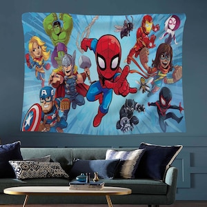 Arazzo da parete con eroe, poster per cameretta dei bambini con supereroi, decorazione da parete con fumetti, decorazioni da parete per bambini, eroi dei cartoni animati di Spiderman, super arte da parete, arazzo con eroe
