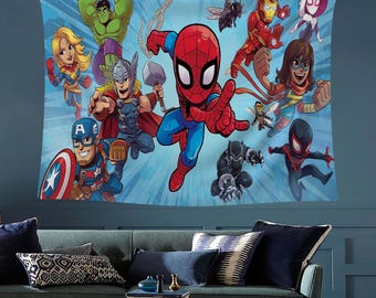ヒーローウォールアートタペストリー、スーパーヒーローキッズルームポスター、コミックウォールデコ、ウォールアートキッズ、スパイダーマンカートゥーンヒーロー、スーパーウォールアート、ヒーロータペストリー
