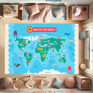 Kids World Map Rug, Educational Rug, Geography Rug, Fun Kids Carpet, Playroom Rug, Map Learning Rug, Toddler Rug, Interactive Rug, World Map