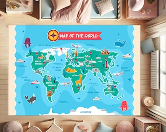 Puede incluir: Una colorida alfombra infantil con un diseño de mapa del mundo. El mapa incluye continentes, océanos e ilustraciones de monumentos, animales y transporte. La alfombra tiene un fondo azul con el texto "MAP OF THE WORLD" en rojo.
