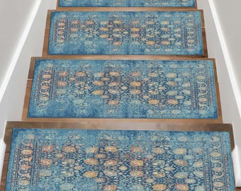 Alfombra para escaleras azul desteñida, alfombra antideslizante vintage, alfombra decorativa para escalones, alfombra elegante y con estilo, estampado tradicional, alfombra para escalones.