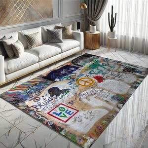 Alfombra con grafiti, alfombra de arte callejero, alfombra con símbolo de la paz, alfombra de decoración urbana, alfombra de arte mural, alfombra con mensaje de libertad, alfombra con grafiti de amor, alfombra urbana abstracta
