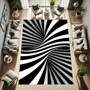 May include: Black and white abstract area rug with a swirling, optical illusion design. The rug has a modern, geometric pattern.