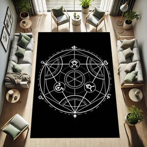 Alchemy circle rug, Occult magic rug, Esoteric floor mat, Mystical decor, Witchcraft rug, Dark academia home, Geometric black and white rug
