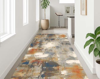 Abstract Runner Rug, Long Entry Rug, Stylish Kitchen Rug, Urban Decor Runner, Painterly Style Rug, Contemporary Long Rug, Indoor Runner Rug