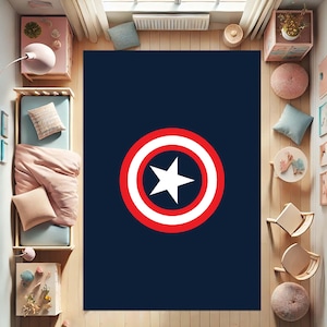 Superhero Rug, Captain Shield Carpet, Decor Kids Room Rug, Captain America Theme Mat, Round Star Rug, Movie Inspired Rug, Boys Room Decor