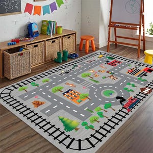 Interactief vloerkleed met stadsplattegrond voor kinderen met wegen, treinrails, gebouwen, bomen en dieren – leuke en educatieve speelmat voor kinderkamers