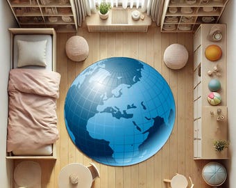 May include: A blue and white world map rug with a grid pattern. The rug is on a wooden floor in a room with white walls and furniture.