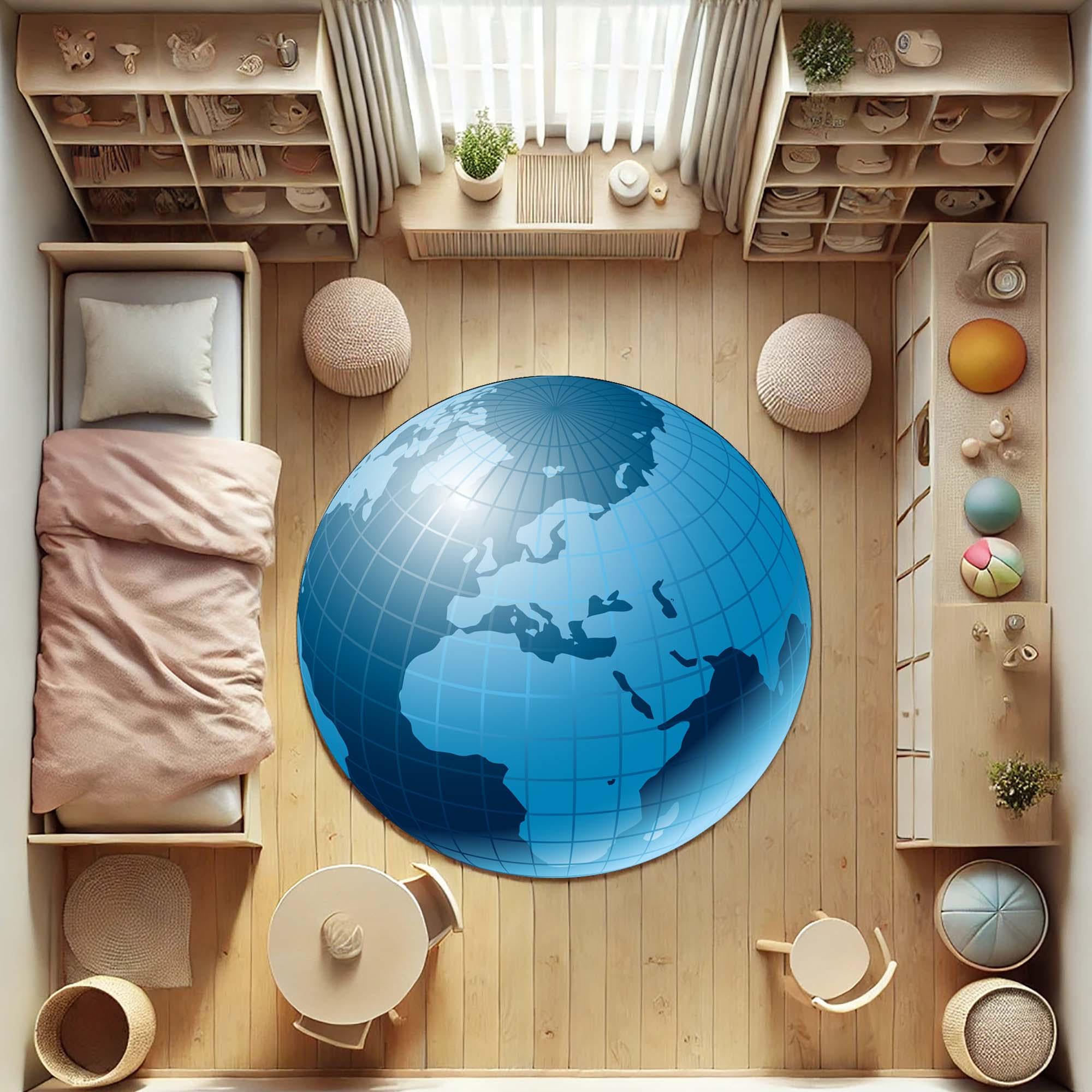 3D Globe Rug, World Map Mat, Blue Earth Carpet, Geography Decor, Planet ...