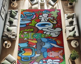 Graffititapijt, pop-arttapijt, straatkunsttapijt, funky vloerkleed, inrichting stedelijke stijl, kleurrijk tapijt, cartoon tapijtontwerp, tapijt met vet patroon