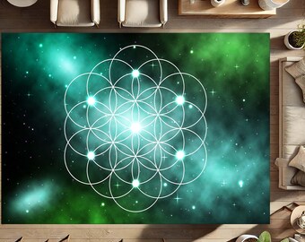 Sacred Geometry Rug, Flower Of Life Carpet, Galaxy Area Rug, Cosmic Floor Mat, Spiritual Room Decor, Meditation Mat, Boho Living Room Rug