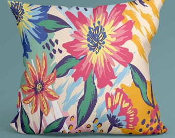 Floral Pillow Cover, Colorful Decor, Flower Cushion, Bright Throw, Boho Floral, Garden Style, Summer Room, Vibrant Living, Botanical Art