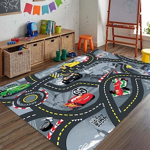 Race Track Rug for Kids, Colorful Car Play Mat, Fun Road Design for Children&#39;s Room, Soft & Durable Carpet for Playtime and Learning Rug