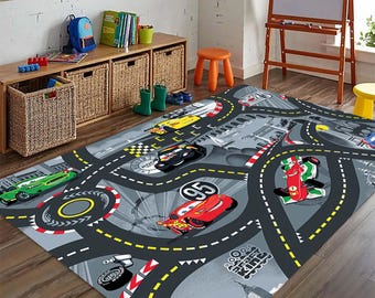 Alfombra de pista de carreras para niños, colorida alfombra de juego con diseño de coche, divertida alfombra de carretera para habitación infantil, suave y duradera para jugar y aprender.