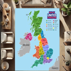 May include: A colorful map of the United Kingdom and Ireland, with each region distinguished by a different color. The map includes the text "MAP OF UNITED KINGDOM" and labels for various regions, including Scotland, Wales, and England. The map is on a light blue background.
