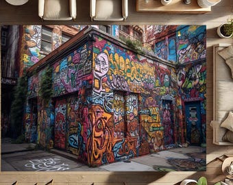 Op de afbeelding: Een levendig tapijt met een met graffiti bedekt gebouw met kleurrijke muurschilderingen. Het kunstwerk omvat verschillende tags, karakters en abstracte ontwerpen in tinten oranje, geel, blauw en groen. Het ontwerp van het tapijt vangt de essentie van urban street art.