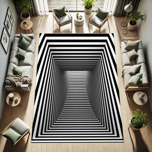 May include: A black and white geometric rug with a 3D tunnel design. The rug features alternating black and white stripes, creating an optical illusion. The rug is rectangular and placed in a living room setting.