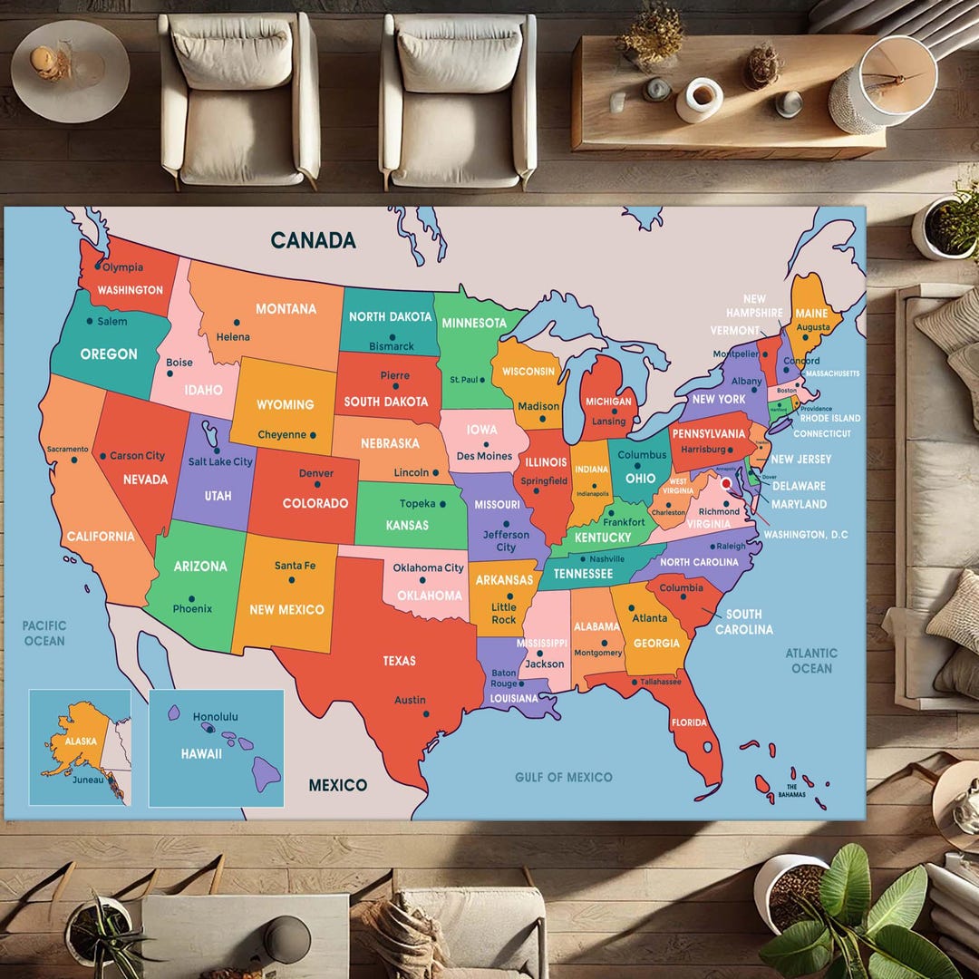 USA Map Rug Kids Learning Map Art Classroom Geography Decor Etsy
