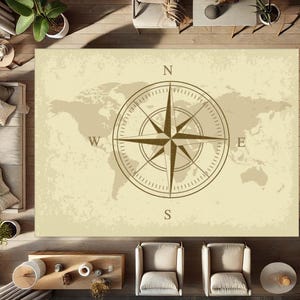 Alfombra con brújula, decoración náutica, inspiración viajera, temática de exploradores, rústica, estilo aventurero, diseño retro de navegación.