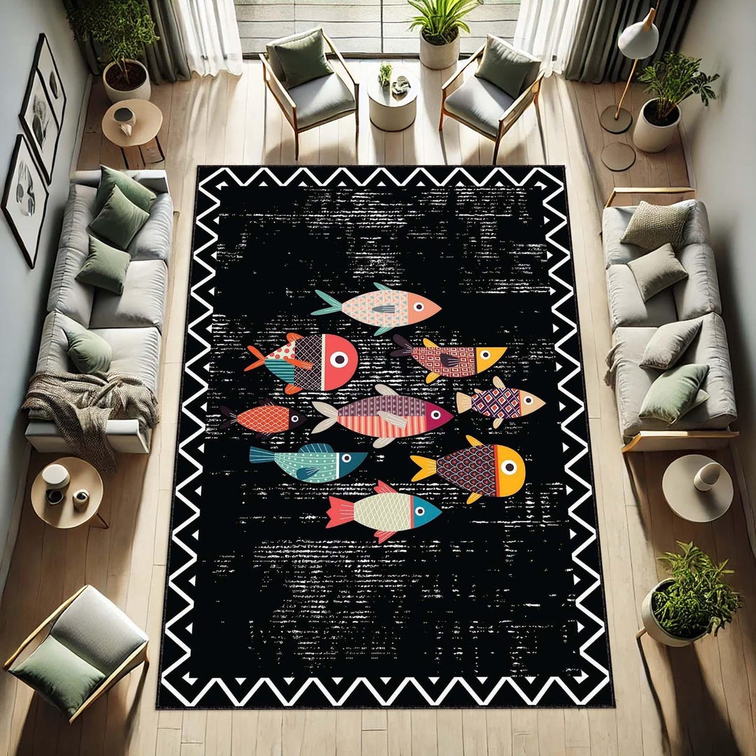 Colorful Fish Rug,ocean Theme Decor, Black Playroom Rug, Cute Animal ...