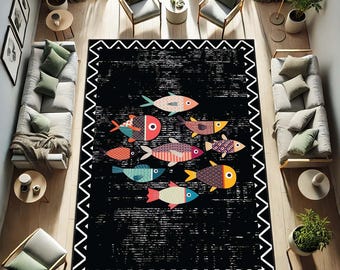 Kleurrijk vissentapijt, decor oceaanthema, zwart speelkamertapijt, schattig dierenkleed, grillig karpet, onderwaterstijl, nautisch vistapijt