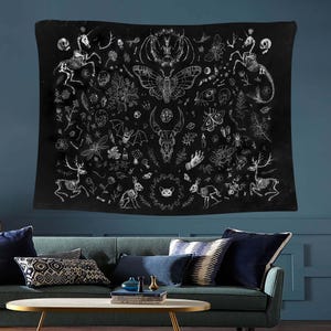 Witchy Wall Art, Gothic Tapestry, Occult Wall Decor, Moth Skull Poster, Witch Room Decor, Spooky Wall Hanging, Black Magic Witch Decor