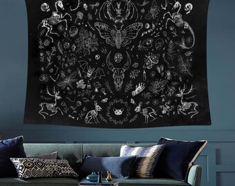Witchy Wall Art, Gothic Tapestry, Occult Wall Decor, Moth Skull Poster, Witch Room Decor, Spooky Wall Hanging, Black Magic Witch Decor