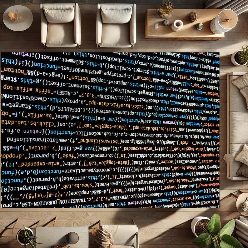 May include: A black and white rug with a code pattern. The code is in a variety of colours, including blue, green, orange, and yellow. The rug is on a floor with two chairs and a table.