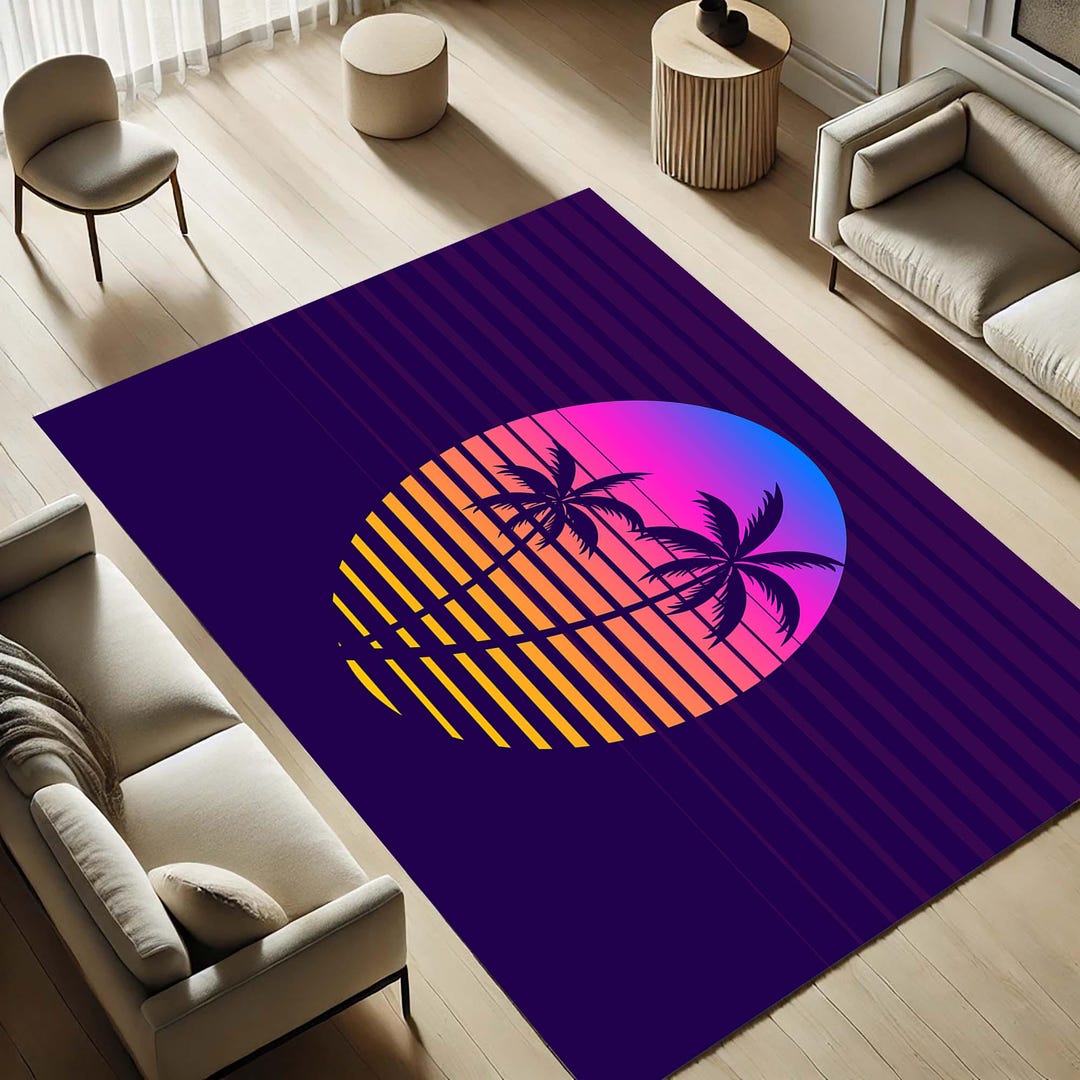 Retro Sunset Rug Retro Sunset Palm Tree Rug, Vaporwave Aesthetic Living Room Decor, 80s ...