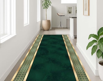 Emerald Runner Green Gold Carpet, Elegant Hallway Rug, Classic Entry Rug, Luxury Floor Rug, Royal Style Rug, Glam Corridor Long Rug