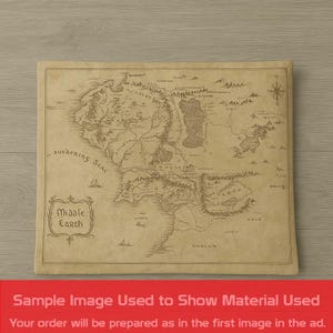 May include: A tan-colored map of Middle Earth, featuring detailed illustrations of the land, sea, and geographical features. The map includes the text "Middle Earth" and "Sundering Seas". The image is a sample to show the material used.