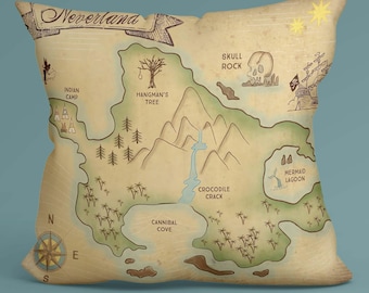 Örngott från Neverland, Piratkarta Fantasydekor, Peter Pan-present, Barnrumskonst, Karta Överkast, Äventyr Kuddfodral