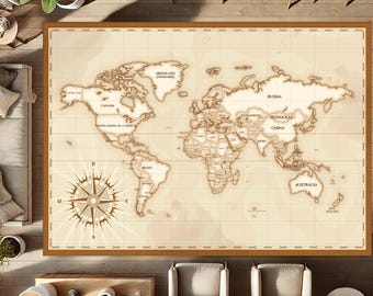 Puede incluir: Una alfombra rectangular grande con un mapa del mundo y un borde marrón. El mapa presenta un diseño vintage con tonos beige y marrón, mostrando continentes, países y una rosa de los vientos. La alfombra está sobre un suelo de madera.